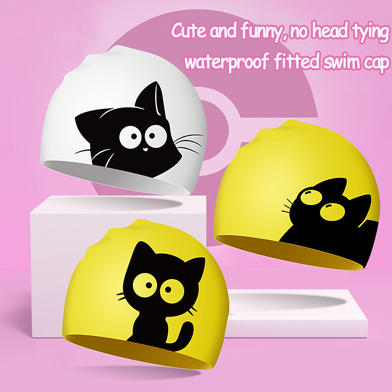 Swim Hat Silicone - Nette Katze Badekappe Für Lange Haare